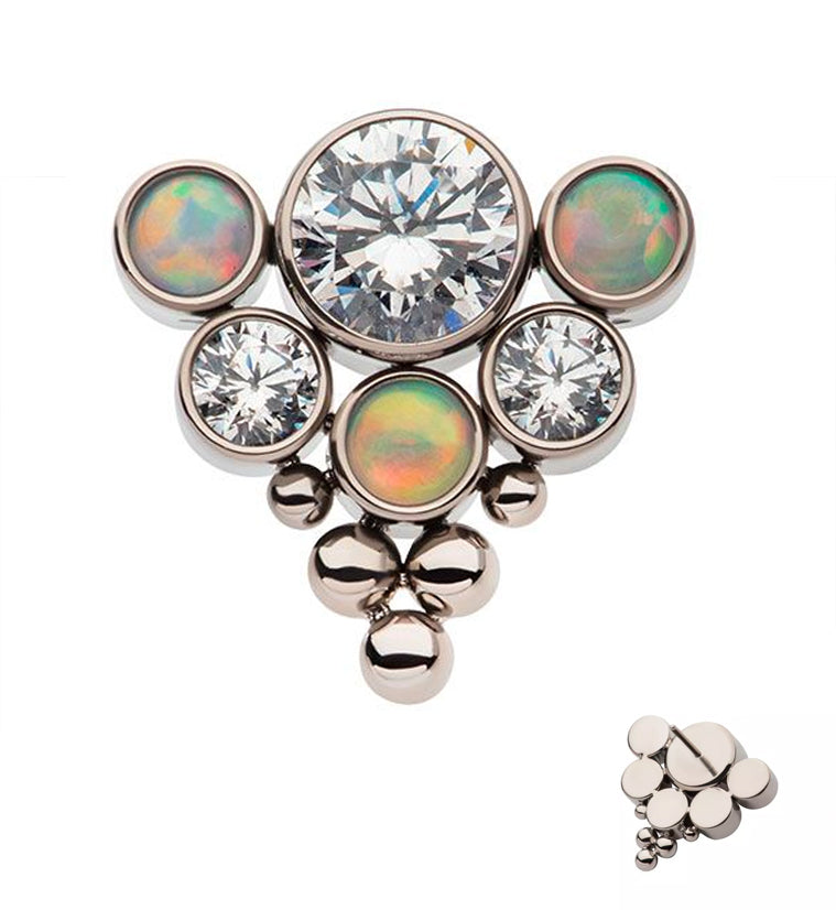 Beaded Hexad White Opalite and Clear CZ Threadless Titanium Top