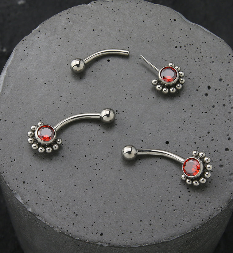 Beaded Red CZ Titanium Threadless Curved Barbell