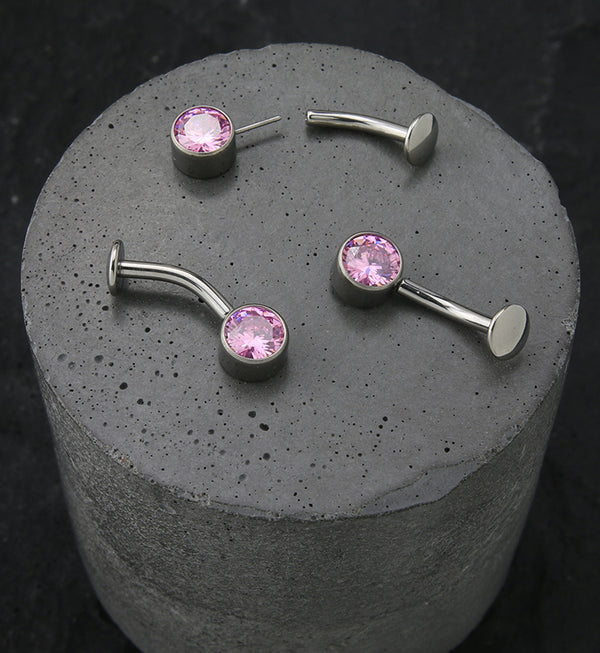Bezel Pink CZ Titanium Threadless Floating Belly Button Ring