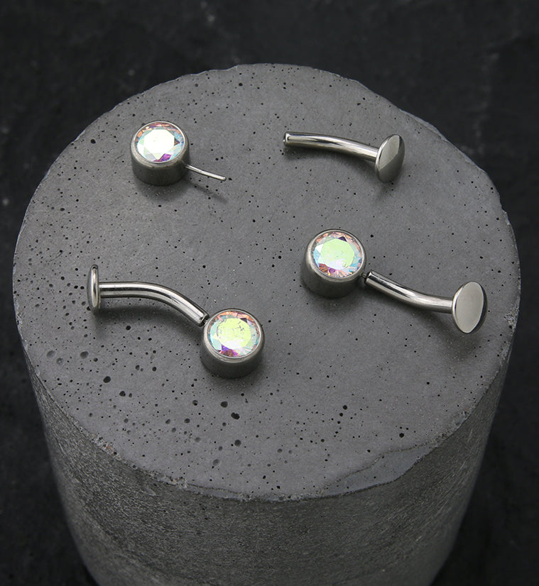 Bezel Rainbow Aurora CZ Titanium Threadless Floating Belly Button Ring