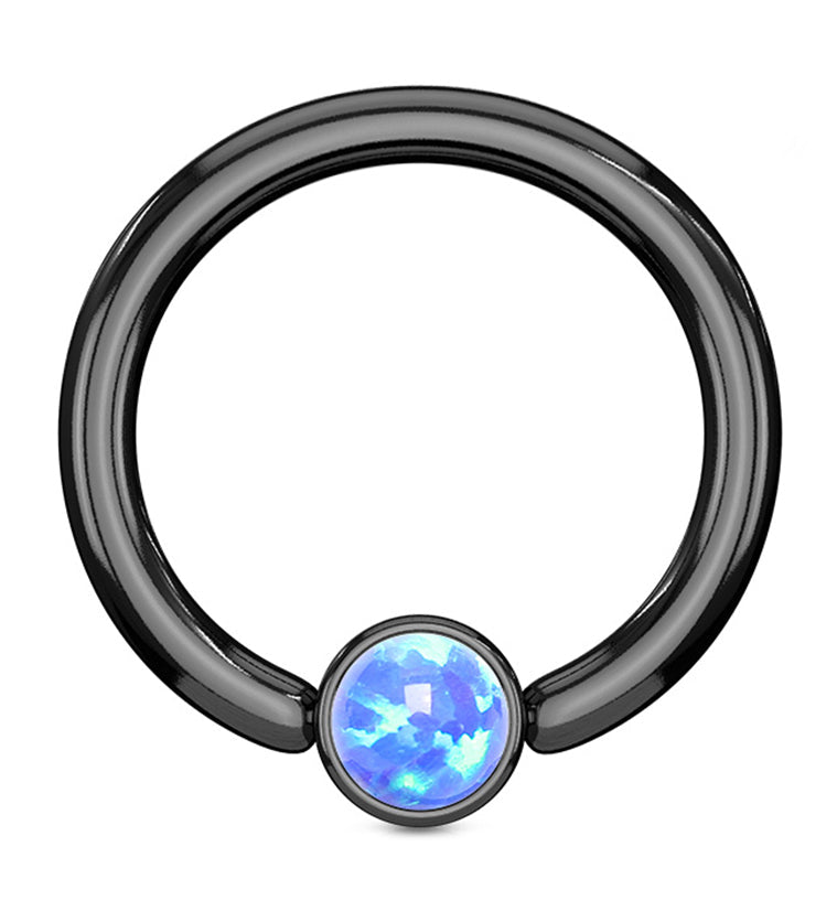 Black PVD Blue Opalite Flat Disk Captive Ring