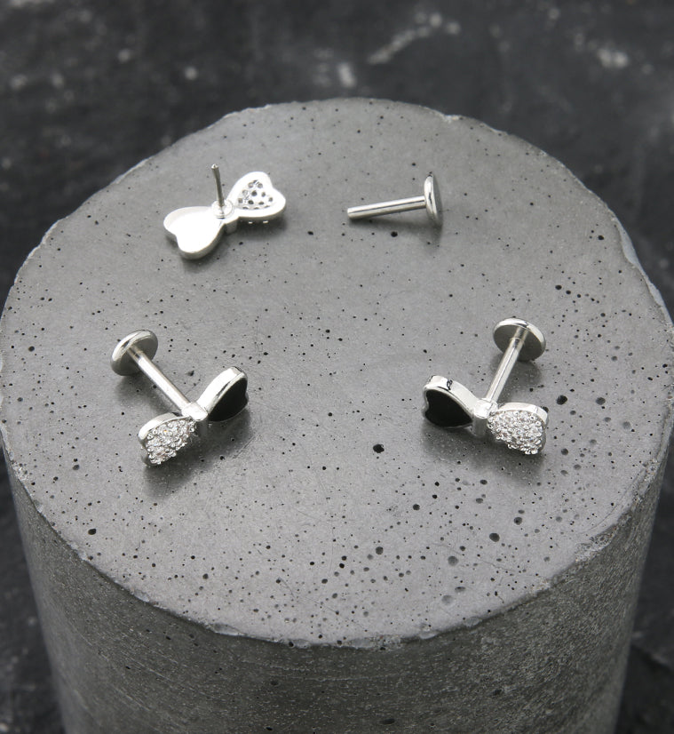 Black And White Bowtie CZ Stainless Steel Threadless Labret