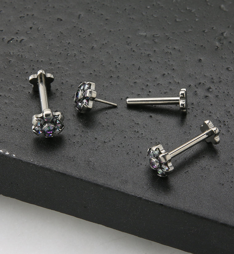 Black Aurora CZ Flower Titanium Threadless Labret