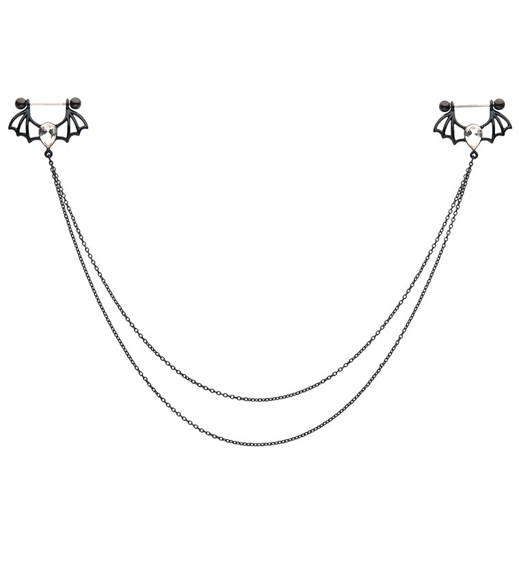 Black PVD Bat Teardrop Clear CZ Connecting Chain Nipple Ring Barbell