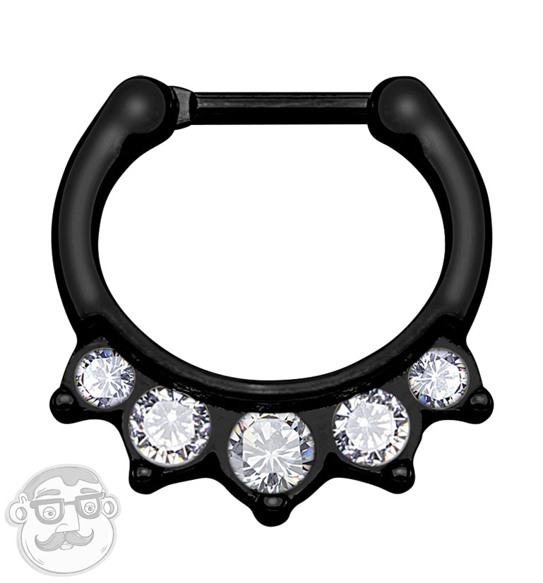16G PVD Black Five CZ Gem Stainless Steel Septum Clicker