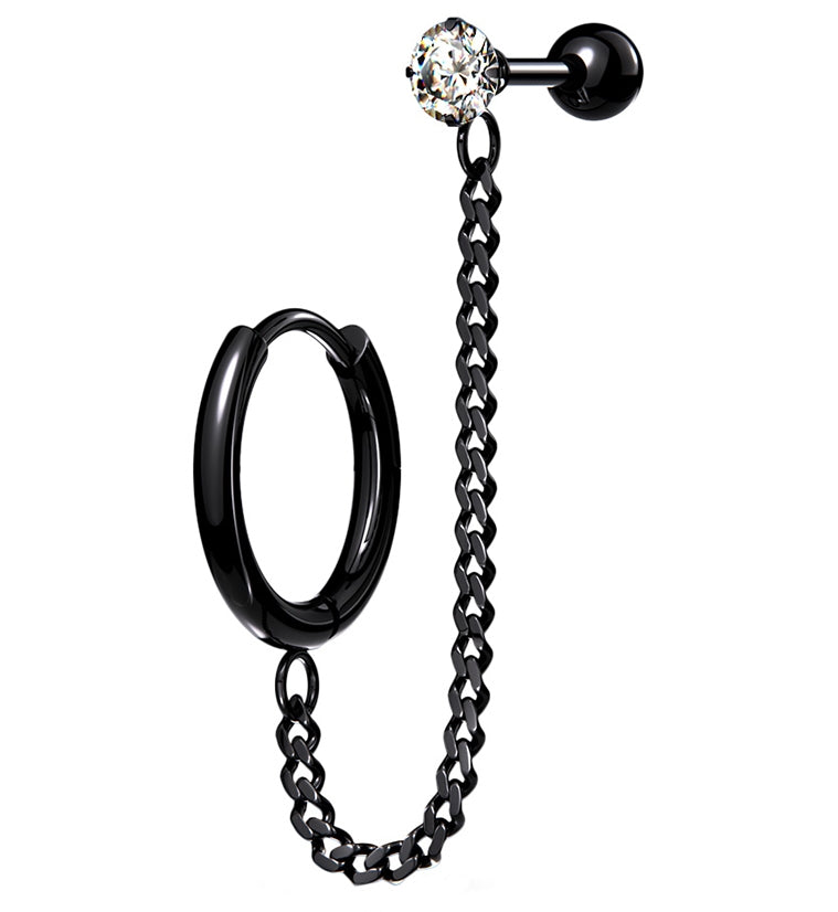 Black PVD Linked Hinged Hoop Ring & CZ Cartilage Barbell