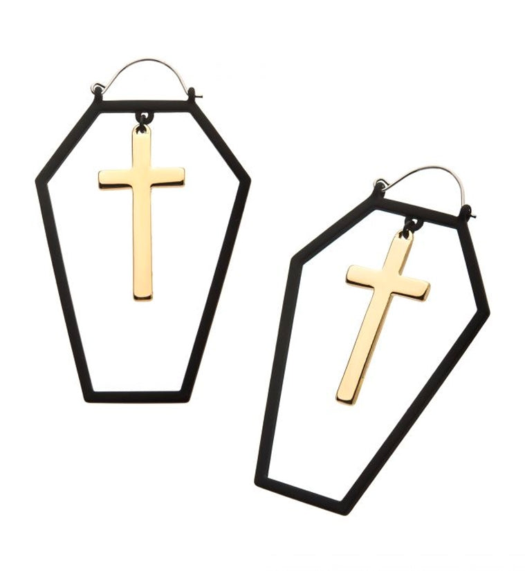 20G Black Coffin Outline Gold Cross Plug Hoops