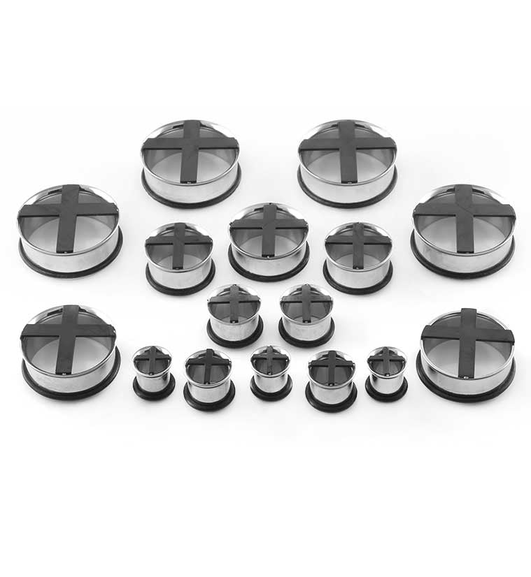 Stainless Steel Black Cross Tunnel Plugs
