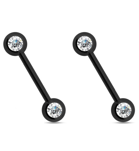 Double CZ Gem Black Nipple Ring Barbell