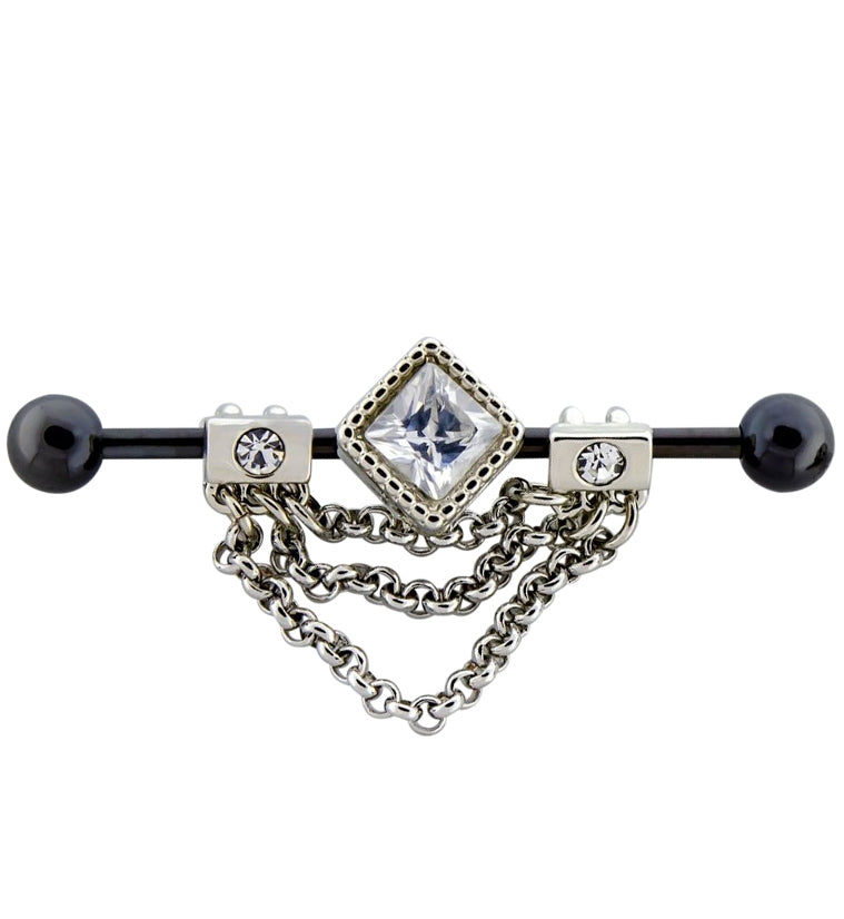 Black PVD Gem Square Chained Stainless Steel Industrial Barbell