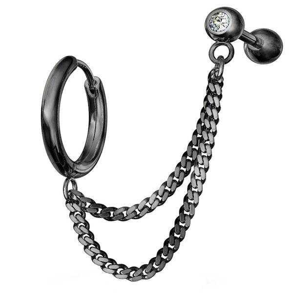 Black PVD Double Linked Hinged Hoop Ring & CZ Cartilage Barbell