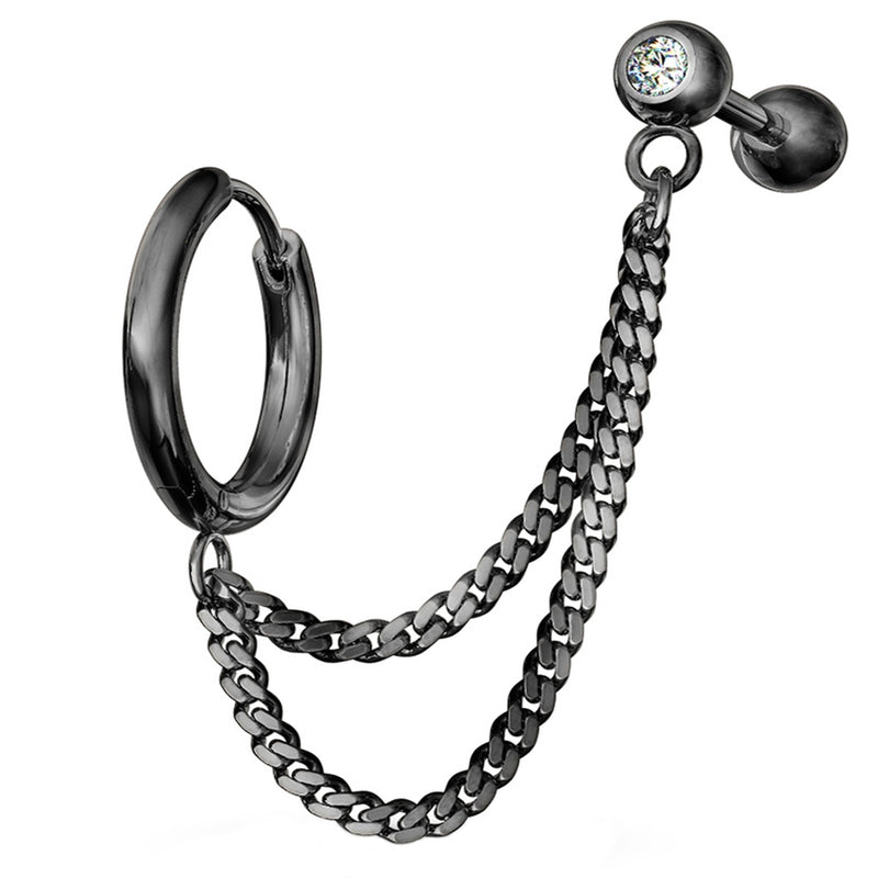 Black PVD Double Linked Hinged Hoop Ring & CZ Cartilage Barbell