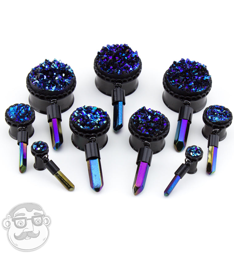 Black Druzy Plugs with Hanging Crystal