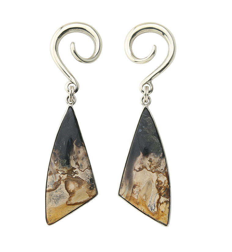 Black Flame Petrified Palm Root Stone White Brass Ear Weights