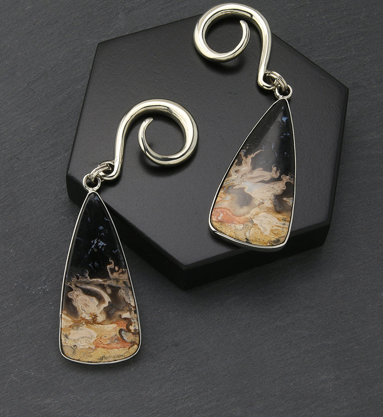 Black Flame Petrified Palm Root Stone White Brass Ear Weights