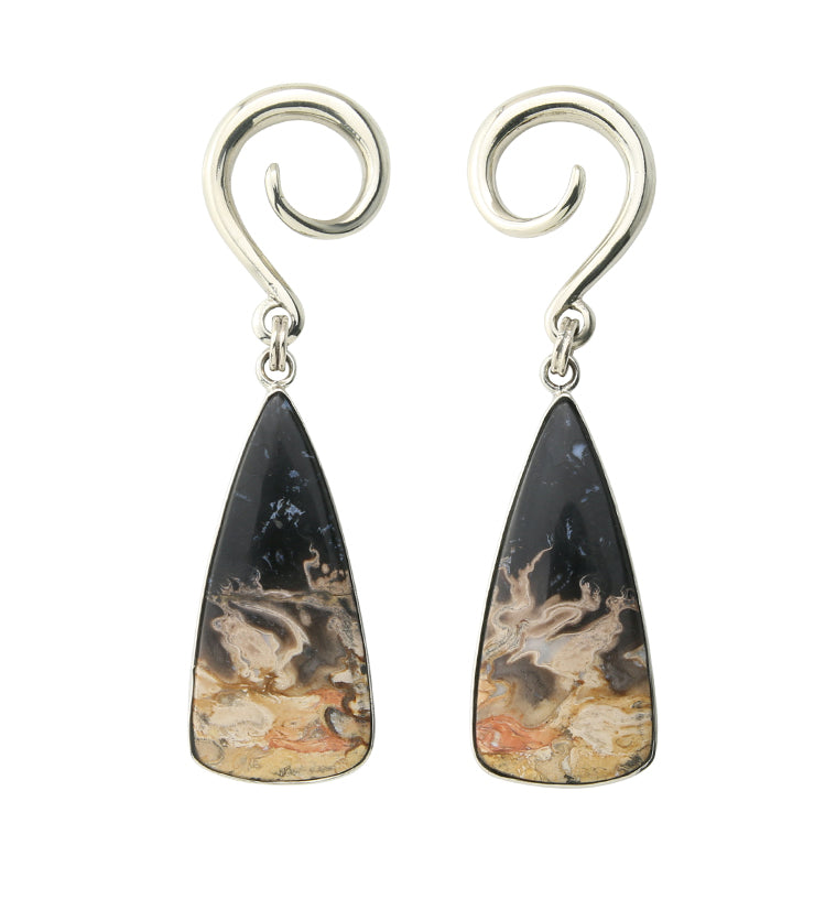 Black Flame Petrified Palm Root Stone White Brass Ear Weights