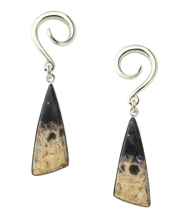 Black Flame Petrified Palm Root Stone White Brass Ear Weights Version 3