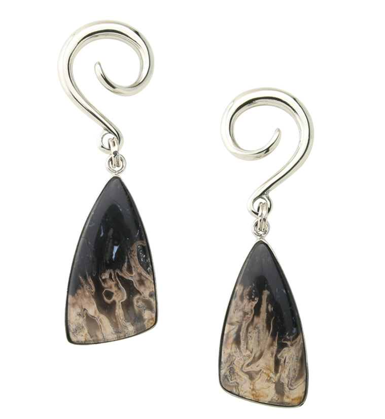 Black Flame Petrified Palm Root Stone White Brass Ear Weights Version 2