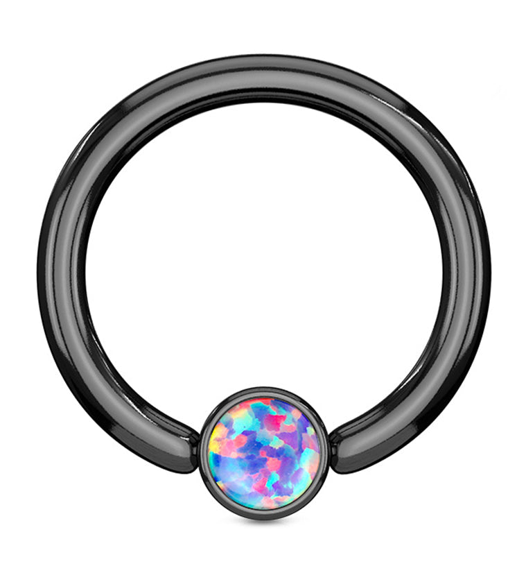 Black PVD Purple Opalite Flat Disk Captive Ring