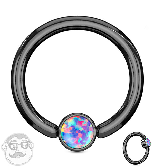 Black PVD Purple Opalite Flat Disk Captive Ring