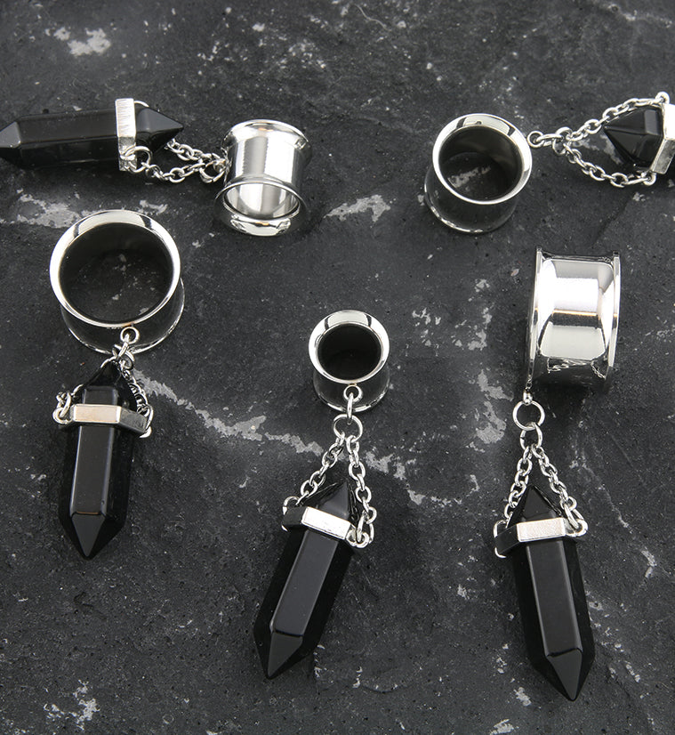 Black Obsidian Crystal Dangle Stainless Steel Tunnel Plugs (2G - 5/8