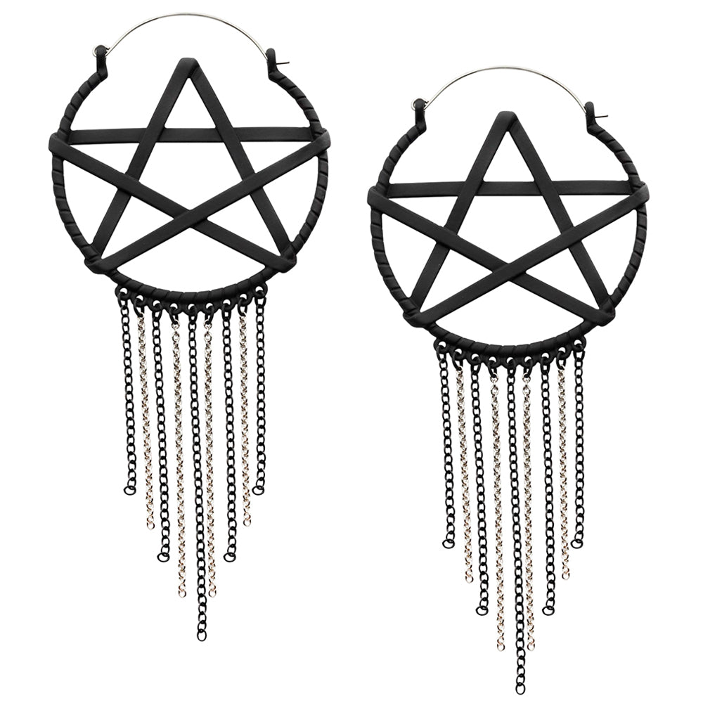 Black Pentagram Dangle Chain Stainless Steel Plug Hoops