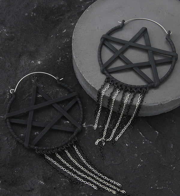 Black PVD Pentagram Dangle Chain Stainless Steel Plug Hoops