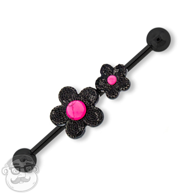 Black Flower with Pink Howlite Stone Industrial Barbell