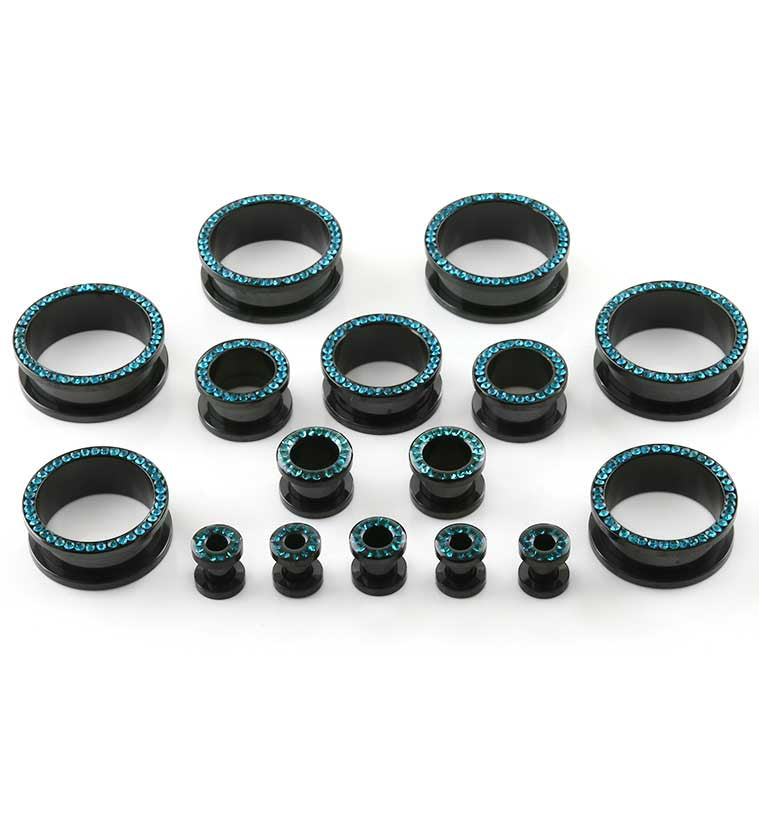 Aqua CZ Rim Black Steel Tunnel Plugs