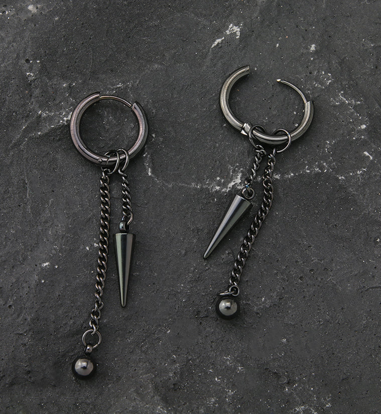 Black PVD Ball Cone Dangle Stainless Steel Hoop Earrings