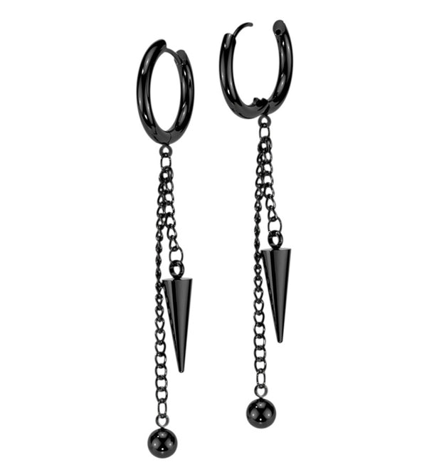 Black PVD Ball Cone Dangle Stainless Steel Hoop Earrings