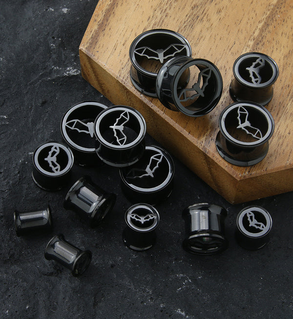 Black PVD Bat Sign Stainless Steel Double Flare Tunnel Plugs