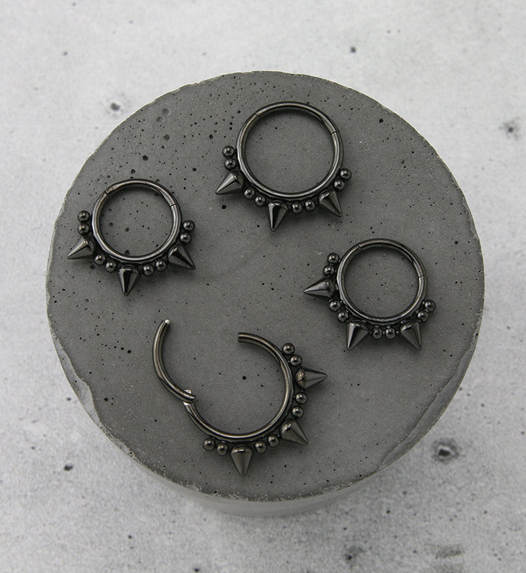Black PVD Beaded Mini Spike Stainless Steel Hinged Segment Ring