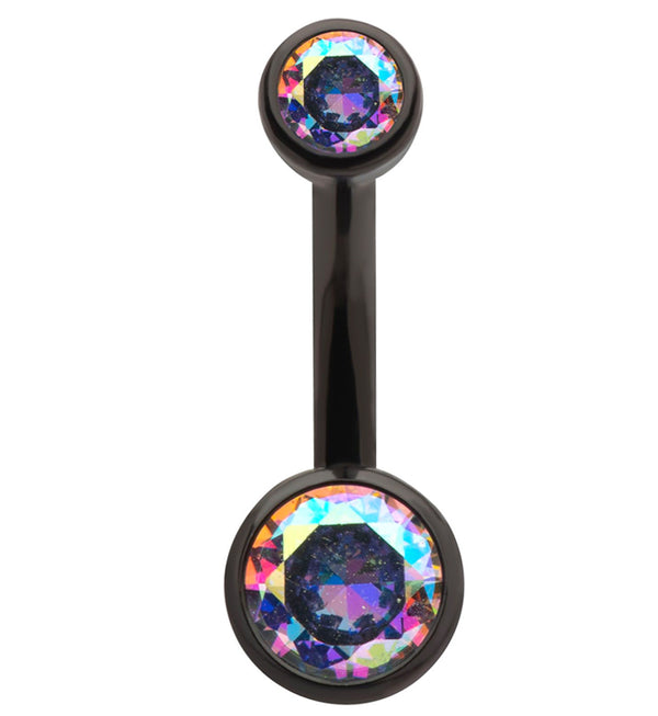 Black PVD Bezel Rainbow Aurora CZ Internally Threaded Titanium Belly Button Ring