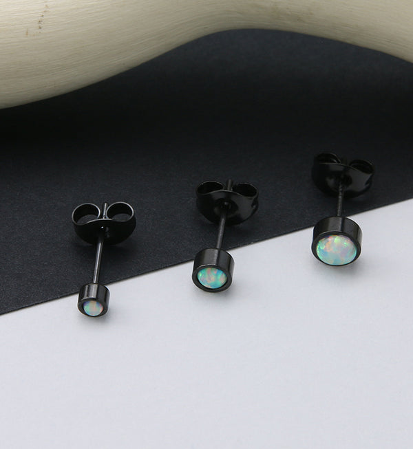 Black PVD Bezel White Opalite Stainless Steel Earrings