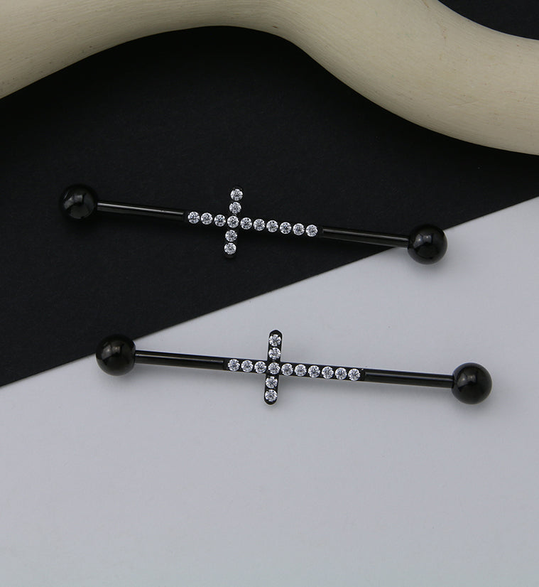 Black PVD Center CZ Cross Titanium Industrial Barbell