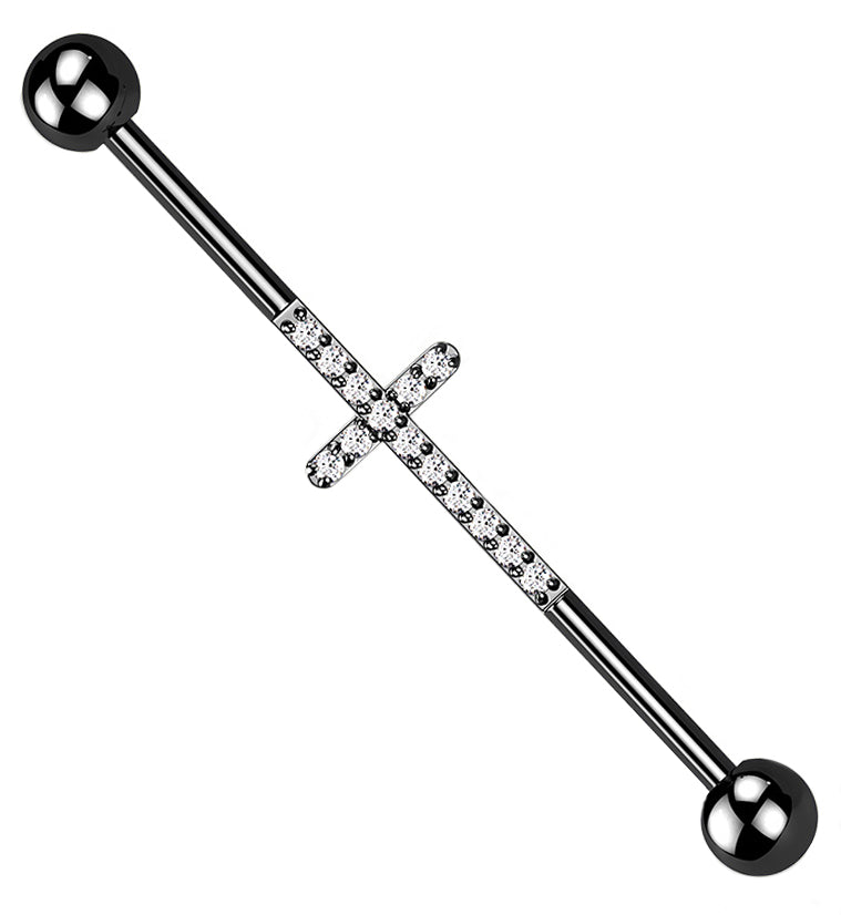 Black PVD Center CZ Cross Titanium Industrial Barbell