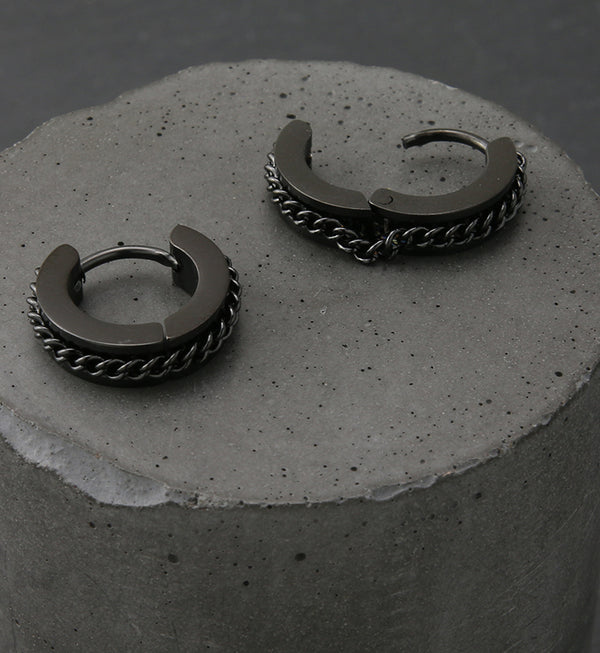 Black PVD Chain Link Stainless Steel Hinged Hoop Earrings