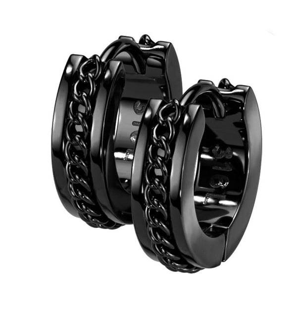 Black PVD Chain Link Stainless Steel Hinged Hoop Earrings