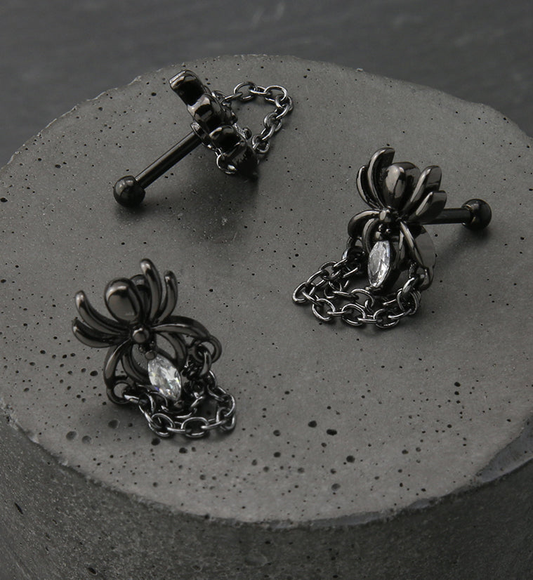 Black PVD Chained Spider CZ Cartilage Barbell