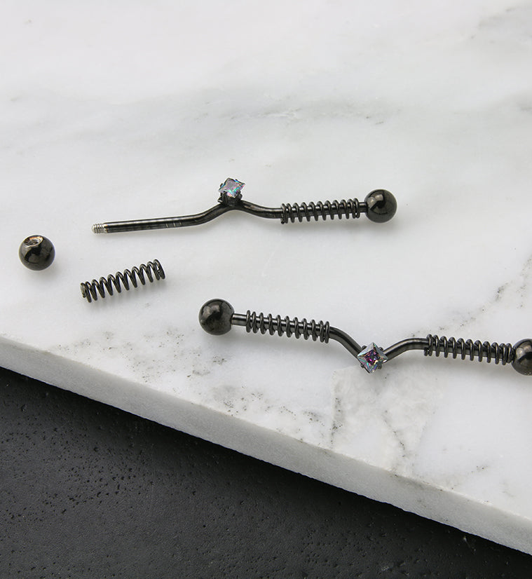 Black PVD Coil Black Aurora CZ Industrial Barbell