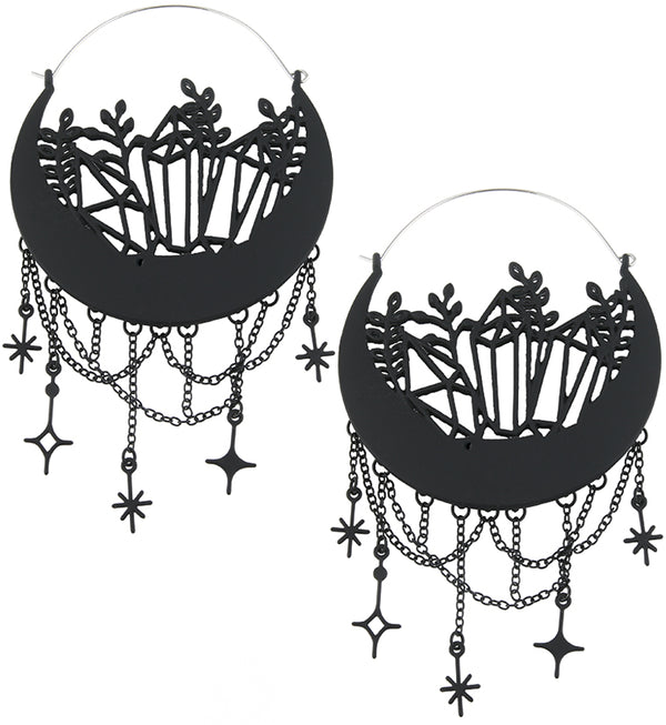 Black PVD Crescent Plant Crystals Dangle Star Stainless Steel Plug Hoops