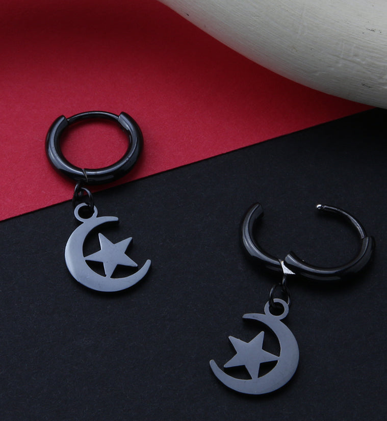Black PVD Crescent Star Stainless Steel Hinged Earrings