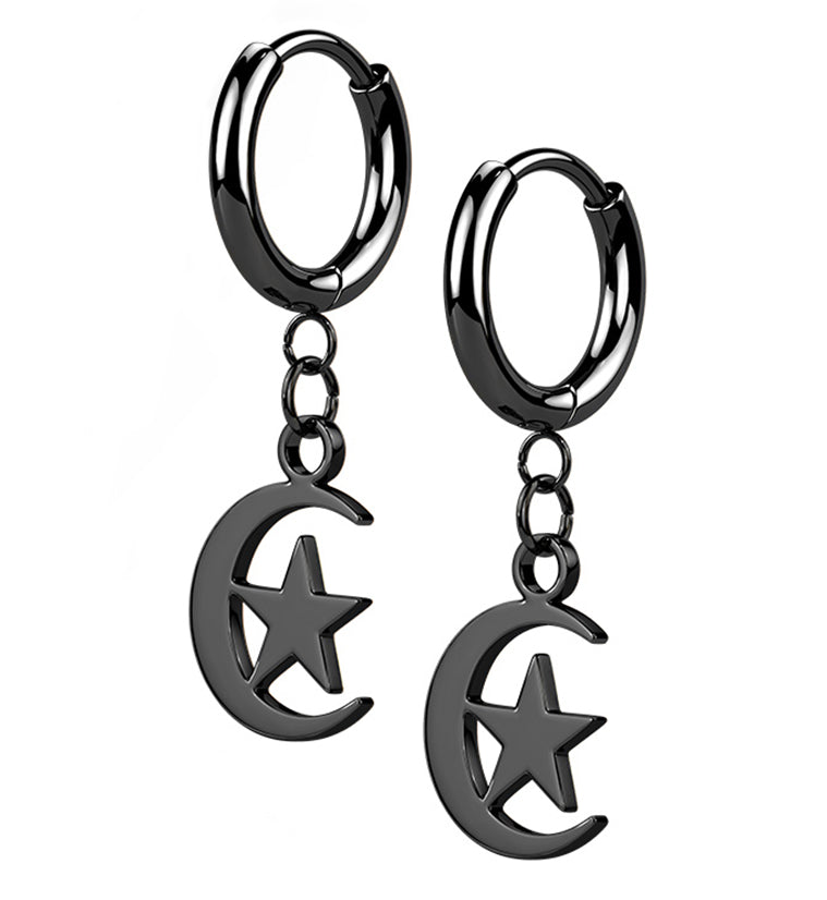 Black PVD Crescent Star Stainless Steel Hinged Earrings