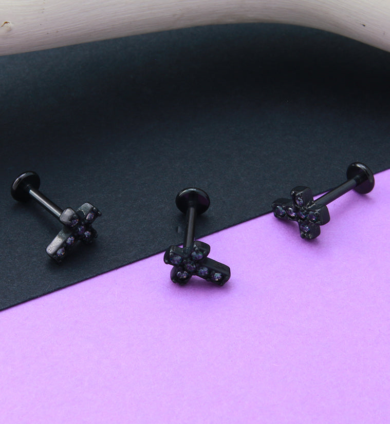 Black PVD Cross Aura CZ Gem Labret Post
