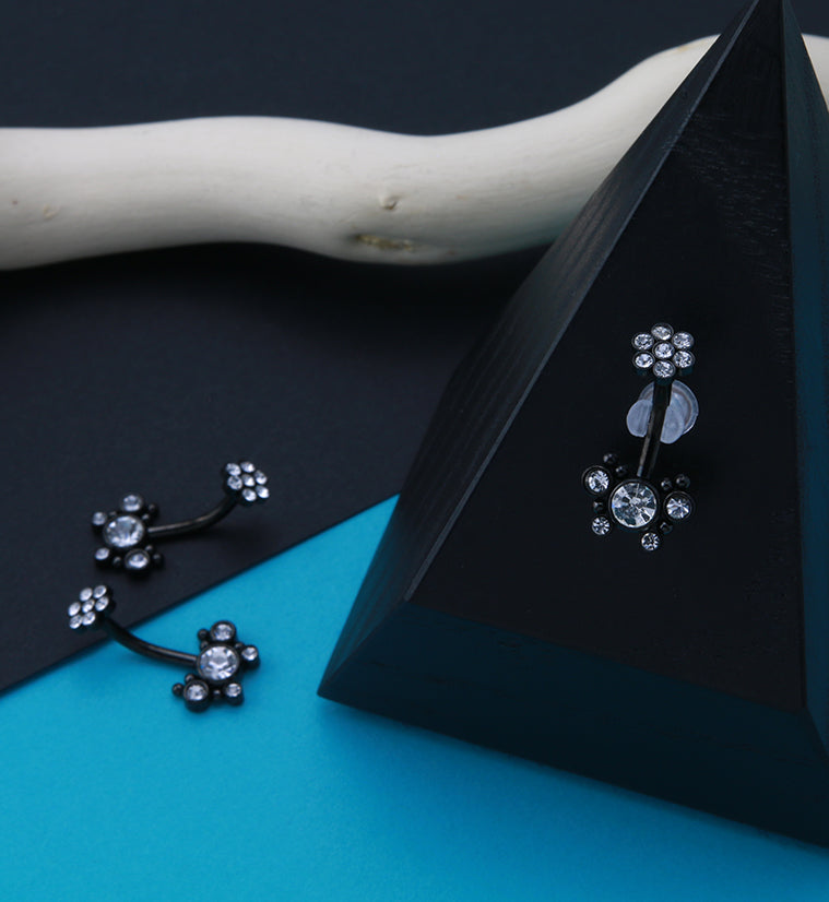 Black PVD CZ Cluster with Floret Top Belly Button Ring