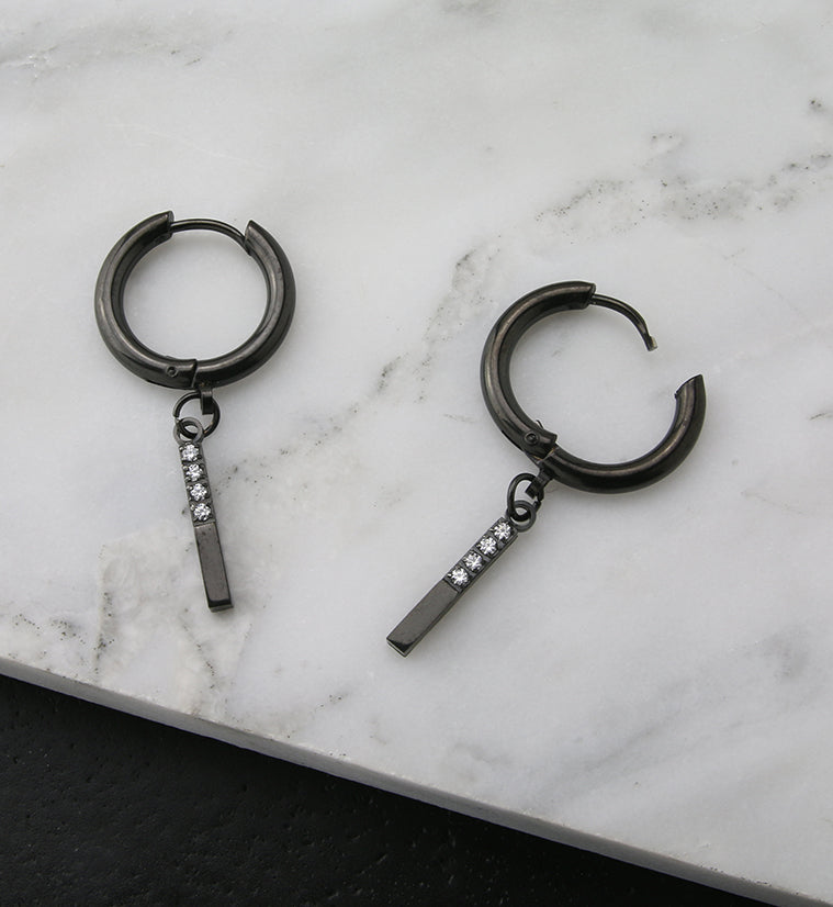 Black PVD Dangle Bar CZ Stainless Steel Hinged Earrings