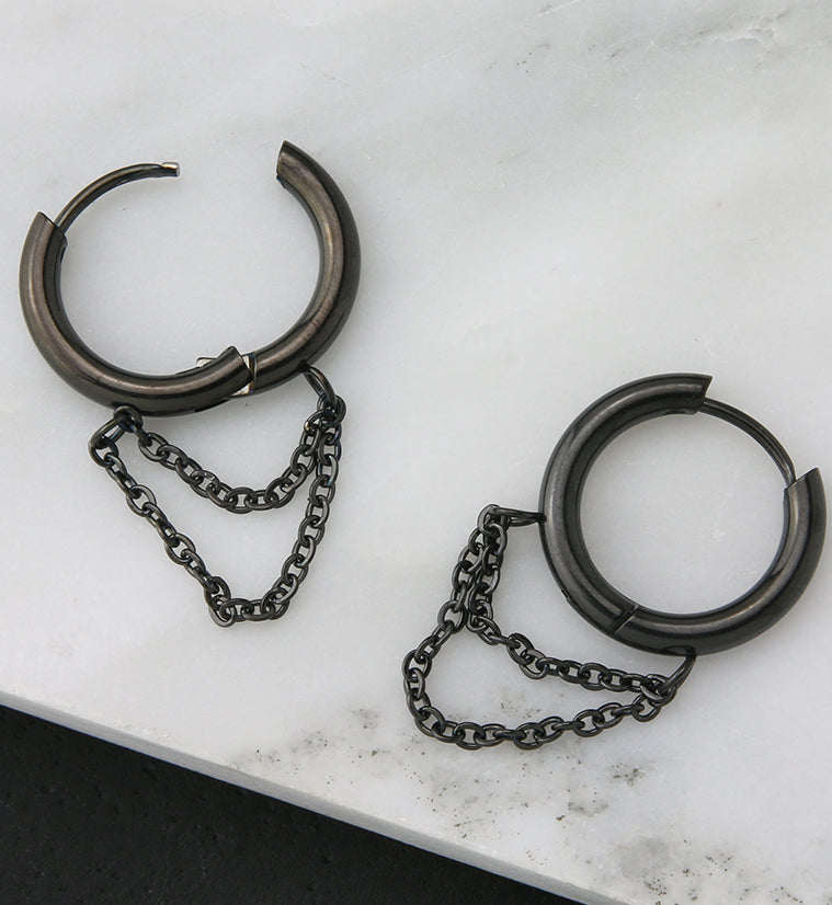 Black PVD Dangle Chain Stainless Steel Hinged Earrings