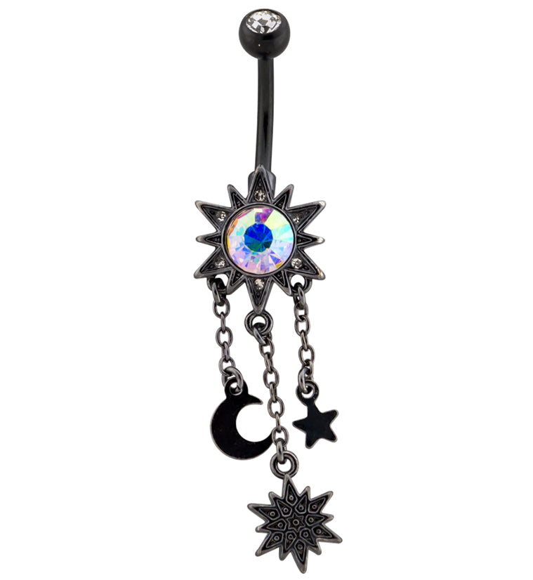 Black PVD Dangle Cosmos Rainbow Aurora CZ Belly Button Ring