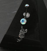 Black PVD Dangle Mermaid Skeleton Rainbow Aurora CZ Belly Button Ring